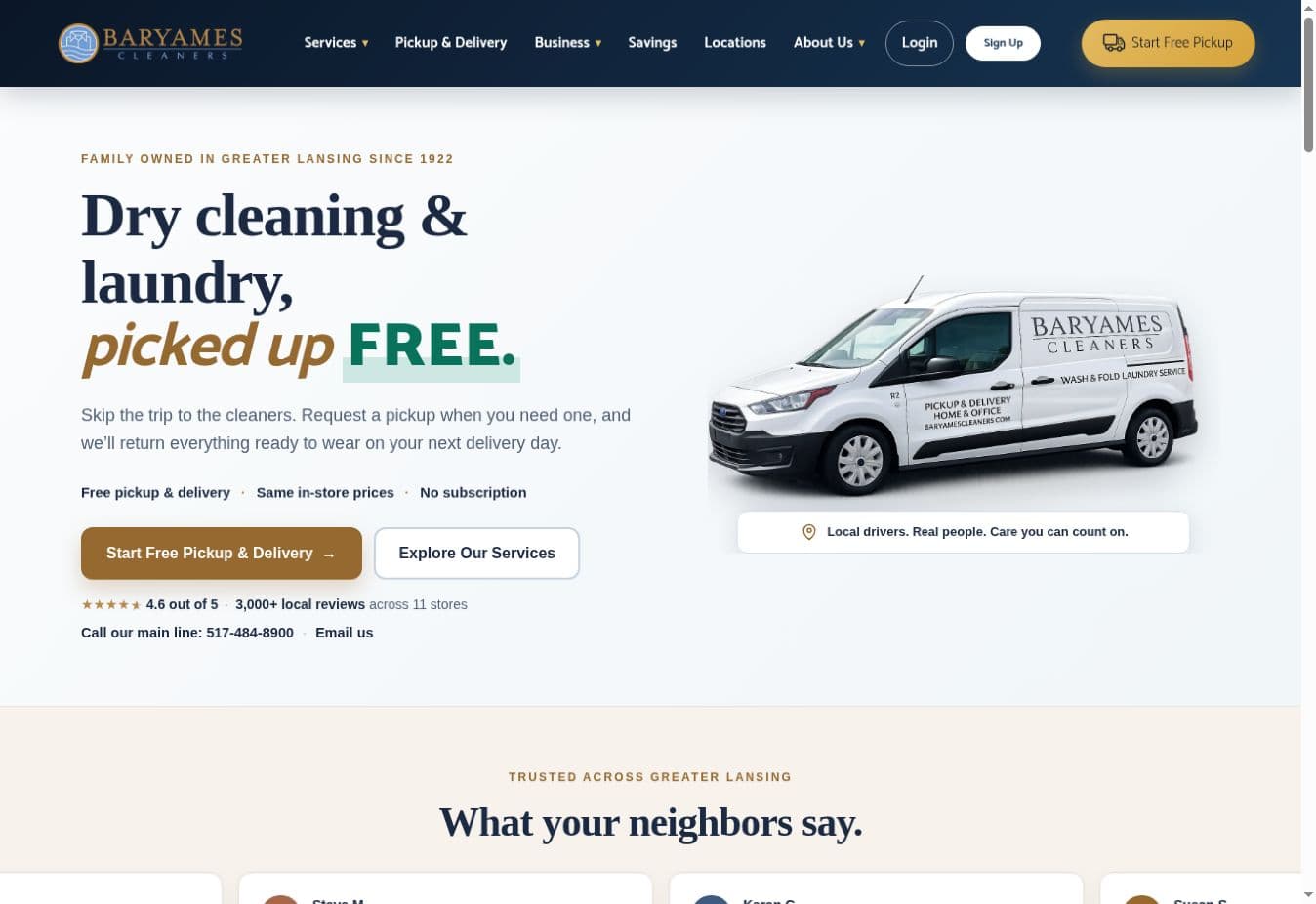 Baryames Cleaners homepage redesign with a clear free pickup offer and a prominent signup button